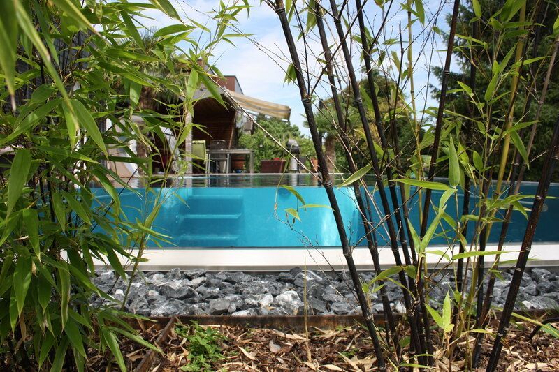 Ein Swimmingpool aus Edelstahl ist von Bäumen umgeben. Foto von der Artmetal GmbH