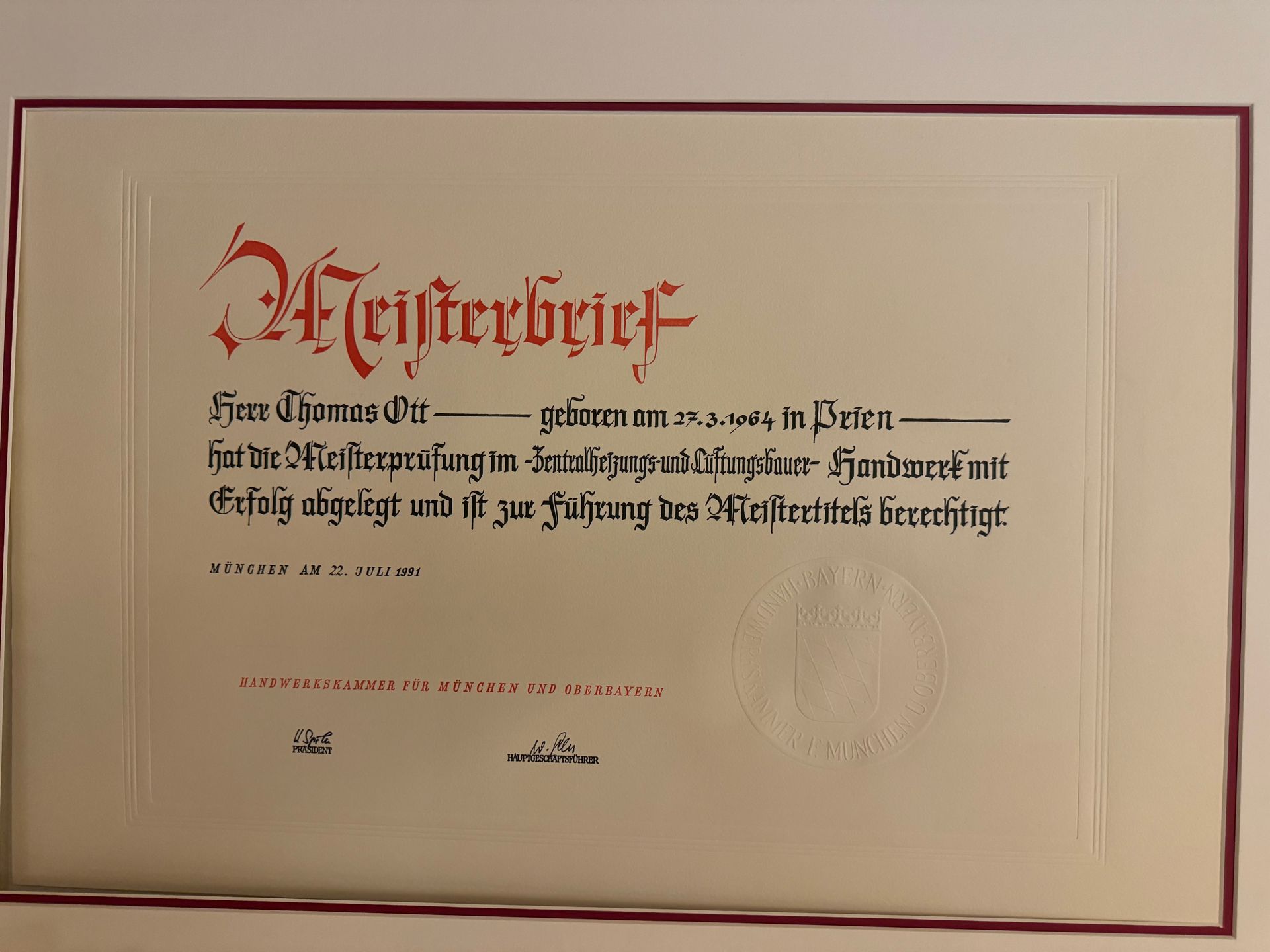 Meisterbrief vom 22.07.1991 - Thomas Ott