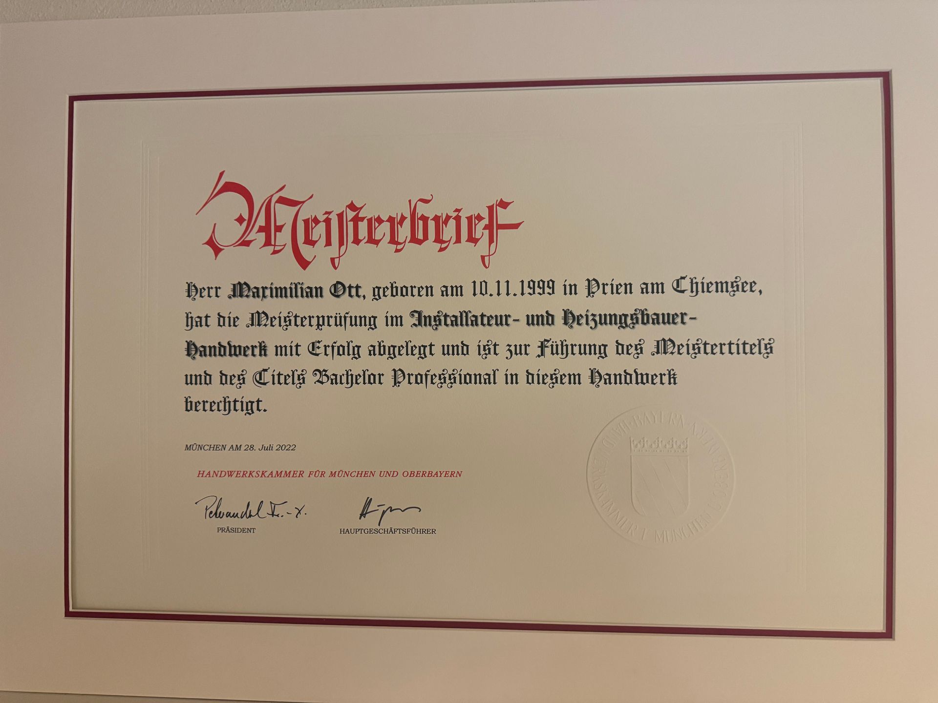 Meisterbrief vom 22.07.1991 - Maximilian Ott