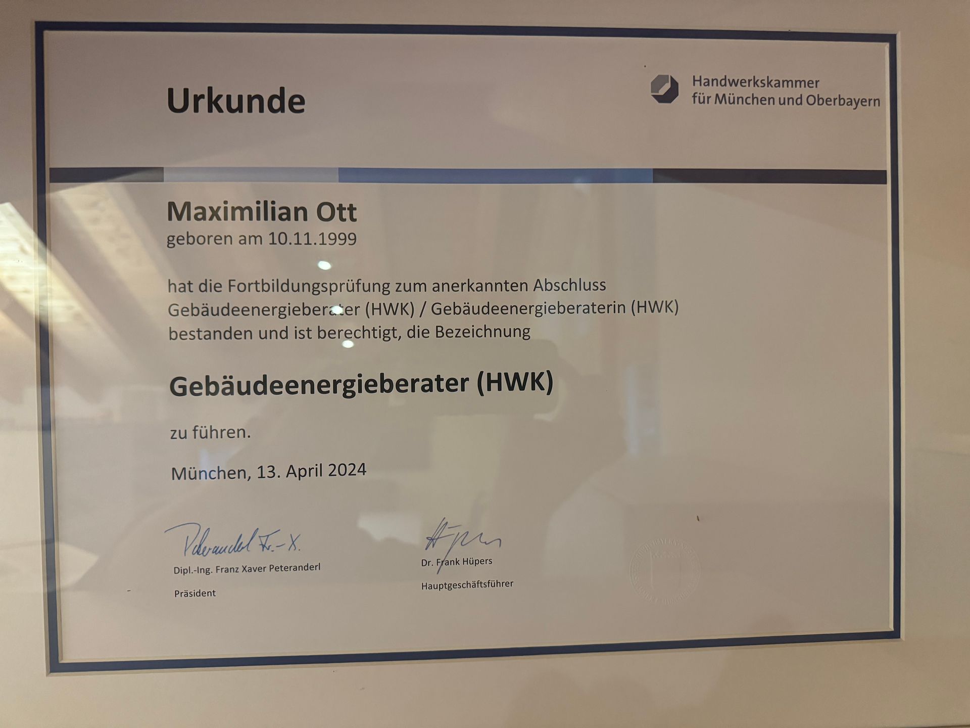 Urkunde Gebäudeenergieberater (HWK) - Maximilian Ott