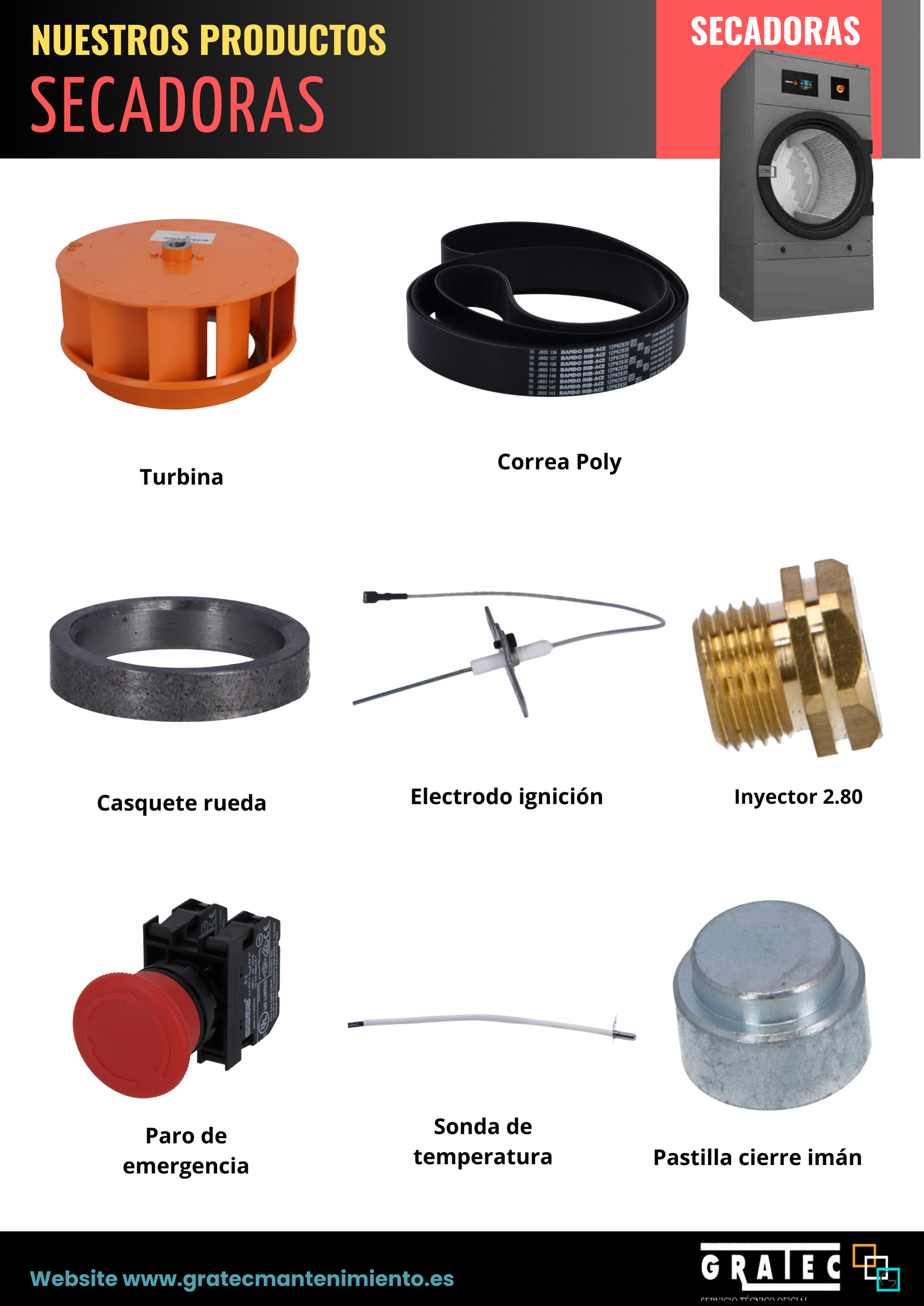 Un volante de nuestros productos secadoras con una imagen de una lavadora y secadora.