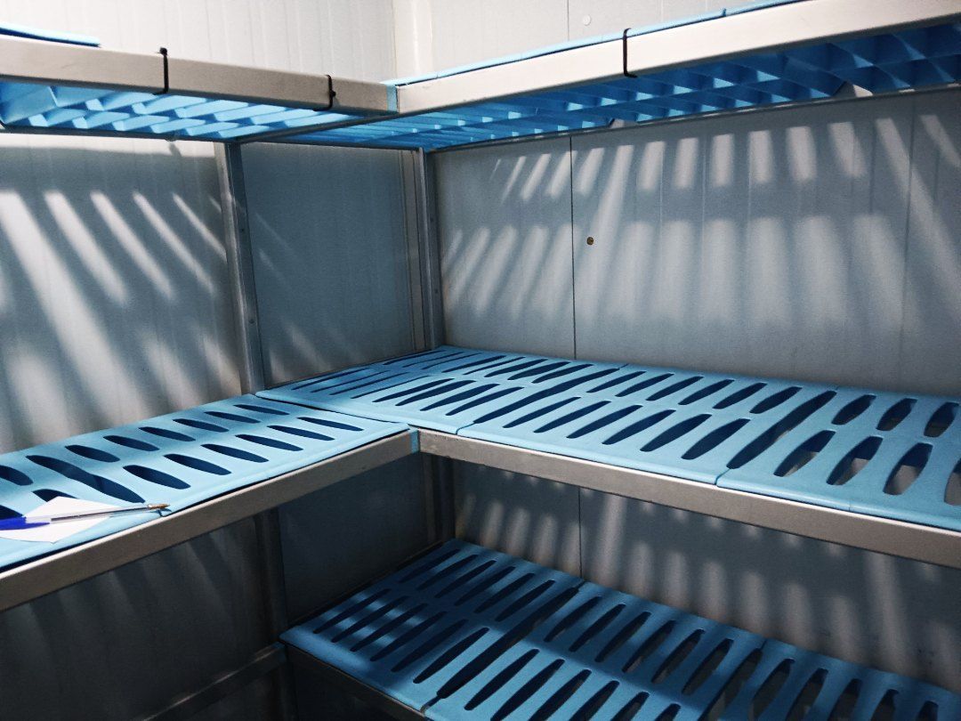 Una habitación con estantes azules y sombras en la pared.