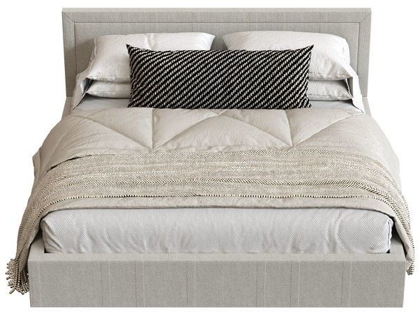 Lit avec cadre, matelas, couette, oreiller et parure de lit gris clair