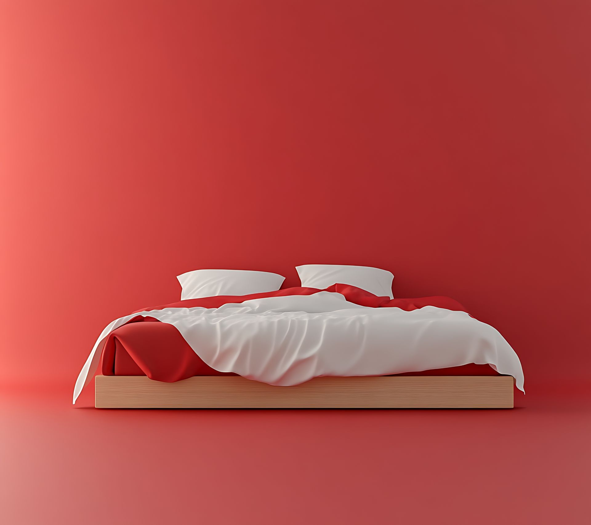 Lit double avec des draps rouge et blanc