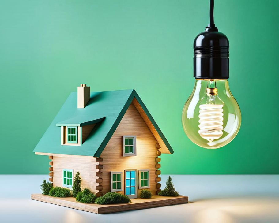 Modèle de maison avec toit vert et ampoule lumineuse, concept d'efficacité énergétique.