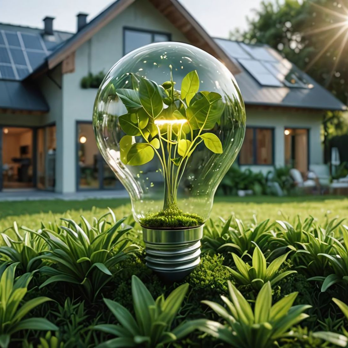 Une ampoule avec une plante à l'intérieur se trouve dans une cour herbeuse avec une maison et des panneaux solaires.