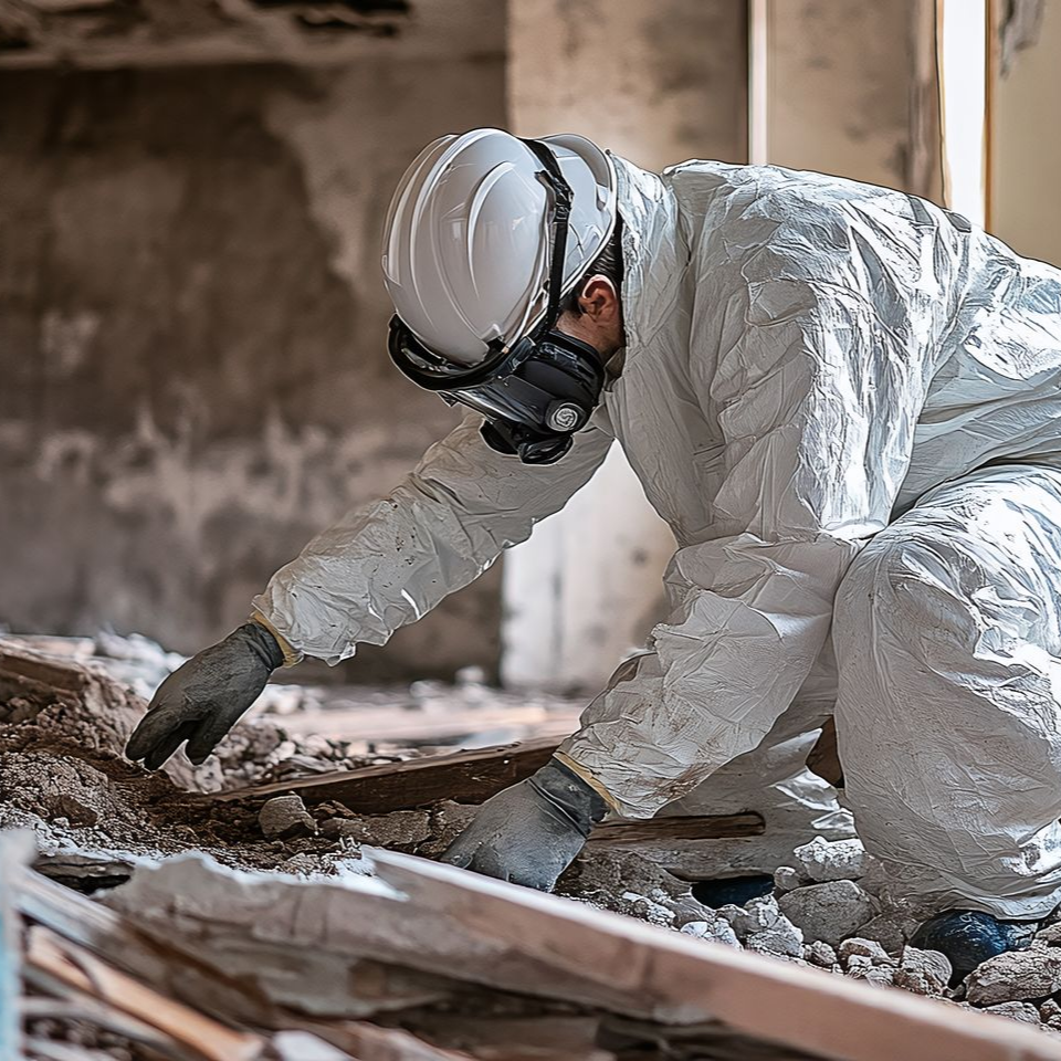 Une personne portant une combinaison de protection et un respirateur inspecte les débris dans un bâtiment endommagé.