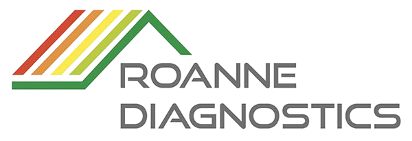 Logo de Roanne Diagnostics, comportant du texte et un design angulaire coloré.