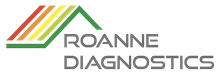 Logo de Roanne Diagnostics, comportant du texte et un design angulaire coloré.