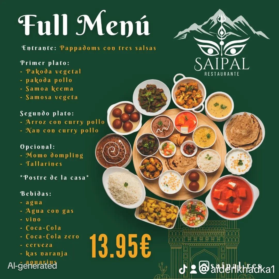 Menú del restaurante indio Saipal, con opción de menú completo con varios platos, bebidas y un precio de 13,95 euros, sobre fondo verde.