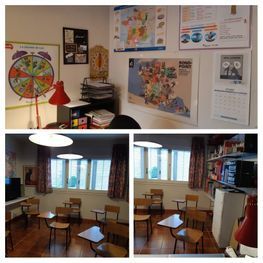 Un collage de fotografías de un aula con mesas y sillas.