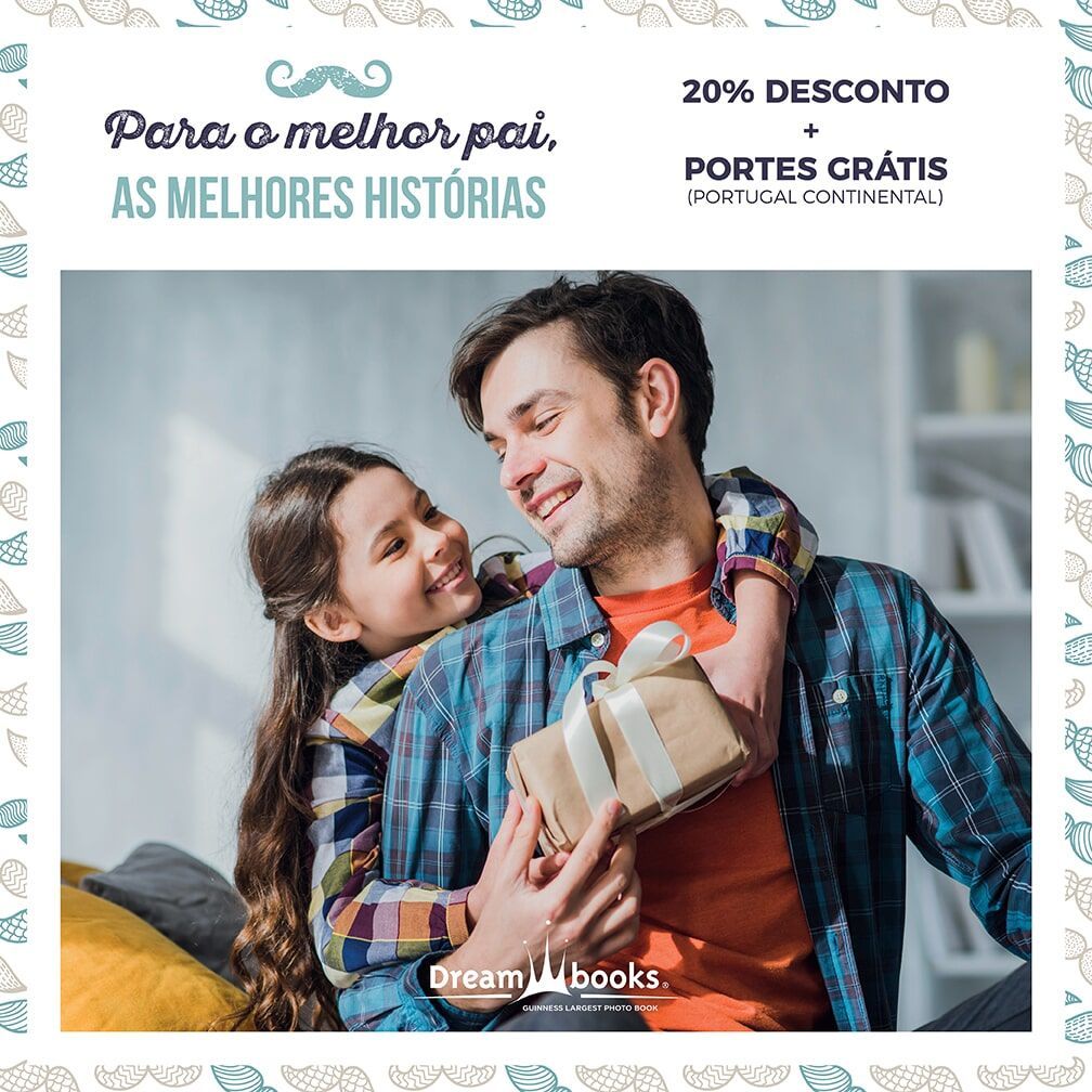 Promoção do Dia dos Pais: Pai e filha se abraçam, segurando um presente. O texto diz