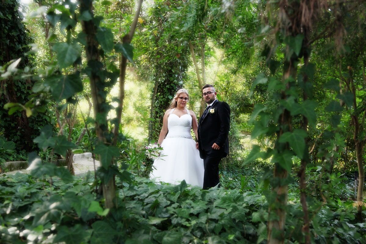 Noivos em meio a uma exuberante floresta verde, a noiva de vestido branco e o noivo de terno preto.