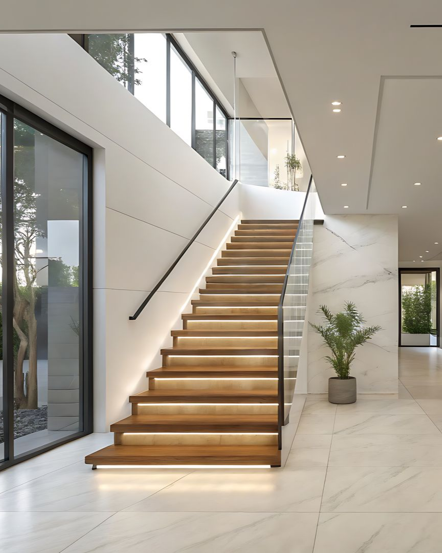 Intérieur moderne avec escalier en bois, rampe en verre et éclairage intégré ; murs blancs, sols en marbre.