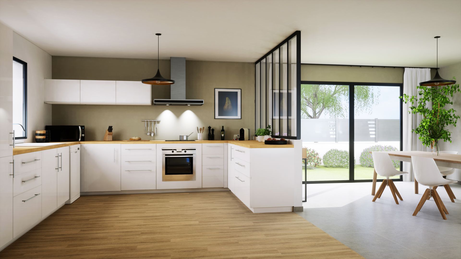 Cuisine blanche moderne avec comptoirs en bois, reliée à une salle à manger avec des portes vitrées donnant sur une cour arrière.