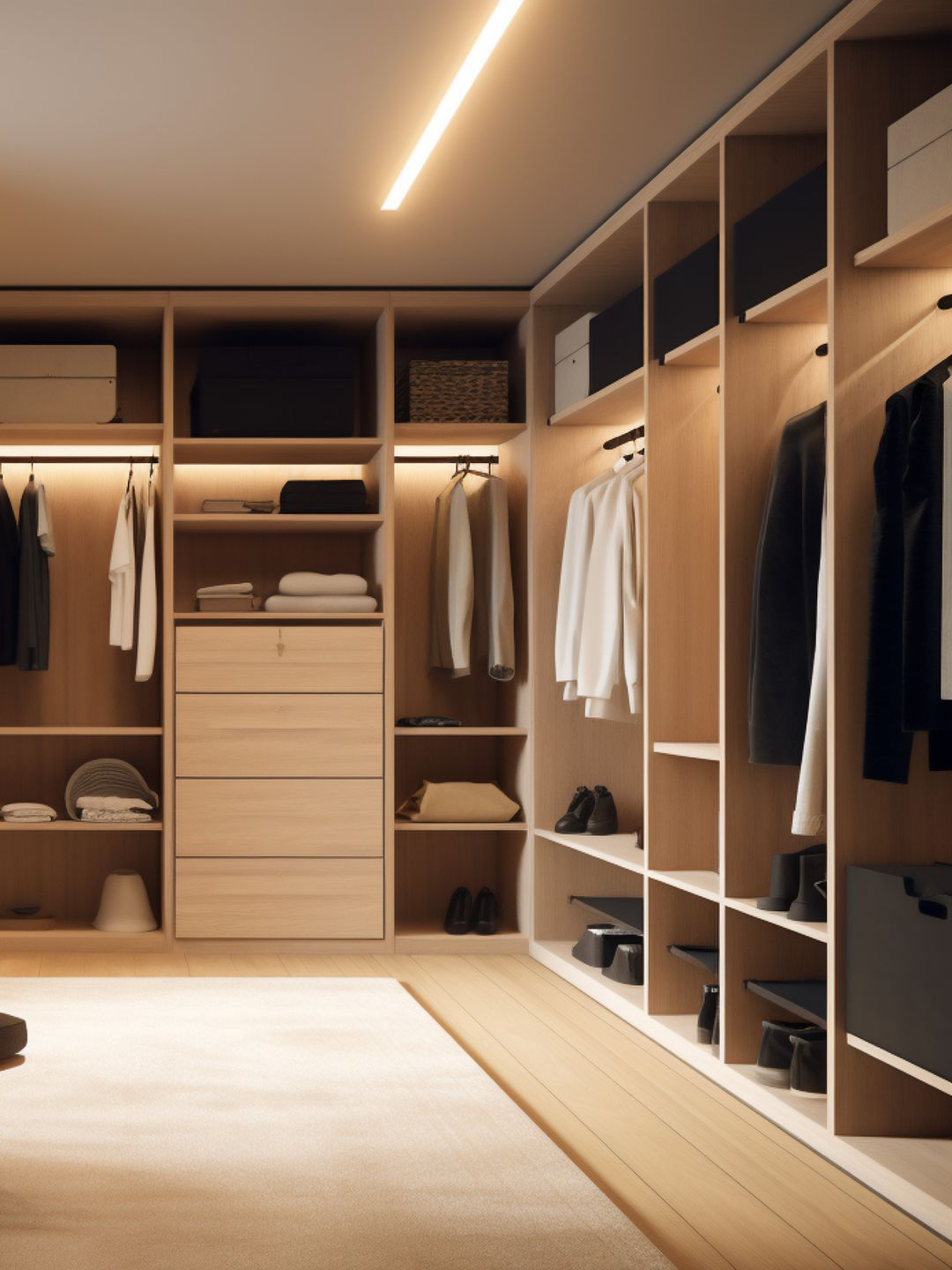 Dressing avec étagères en bois clair, tiroirs et vêtements suspendus; couleurs neutres, éclairage lumineux.