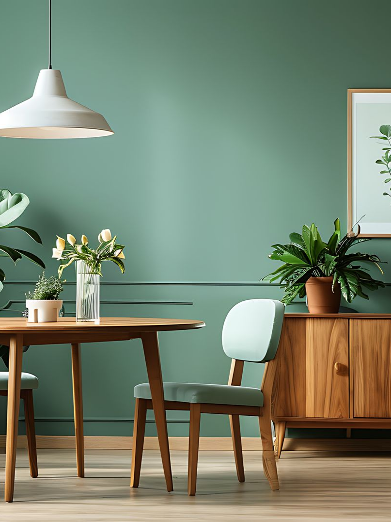 Salle à manger avec murs végétaux, meubles en bois et plantes en pot.