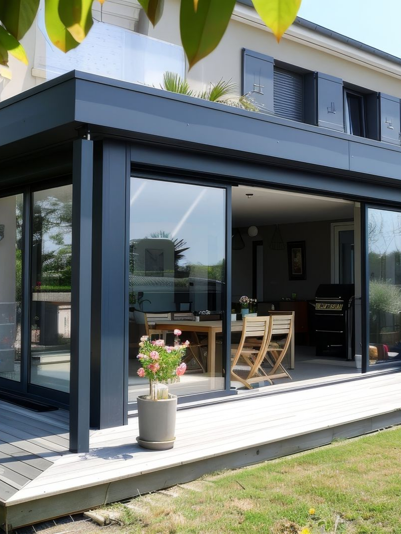 Ajout d'une véranda moderne à une maison avec de grandes portes coulissantes en verre, des éléments gris et une terrasse en bois clair.