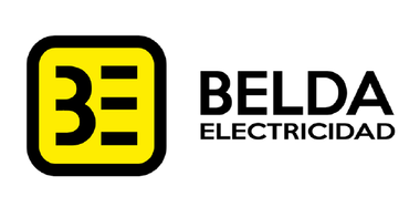 Logotipo de BELDA ELECTRICIDAD con texto negro y un icono &ldquo;BE&rdquo; amarillo y negro.
