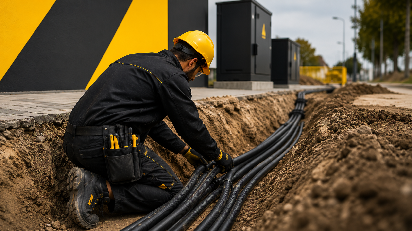 Un trabajador con casco amarillo coloca cables negros en una zanja en una obra de construcción de carreteras.