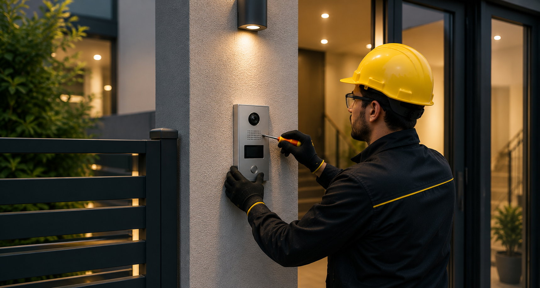 Un técnico con casco amarillo instala un interfono en la entrada de una casa moderna.