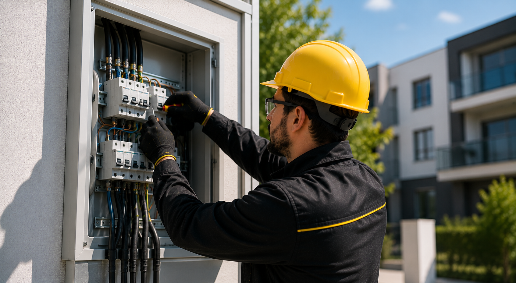 Electricista con casco amarillo trabajando en un panel eléctrico exterior de un edificio.