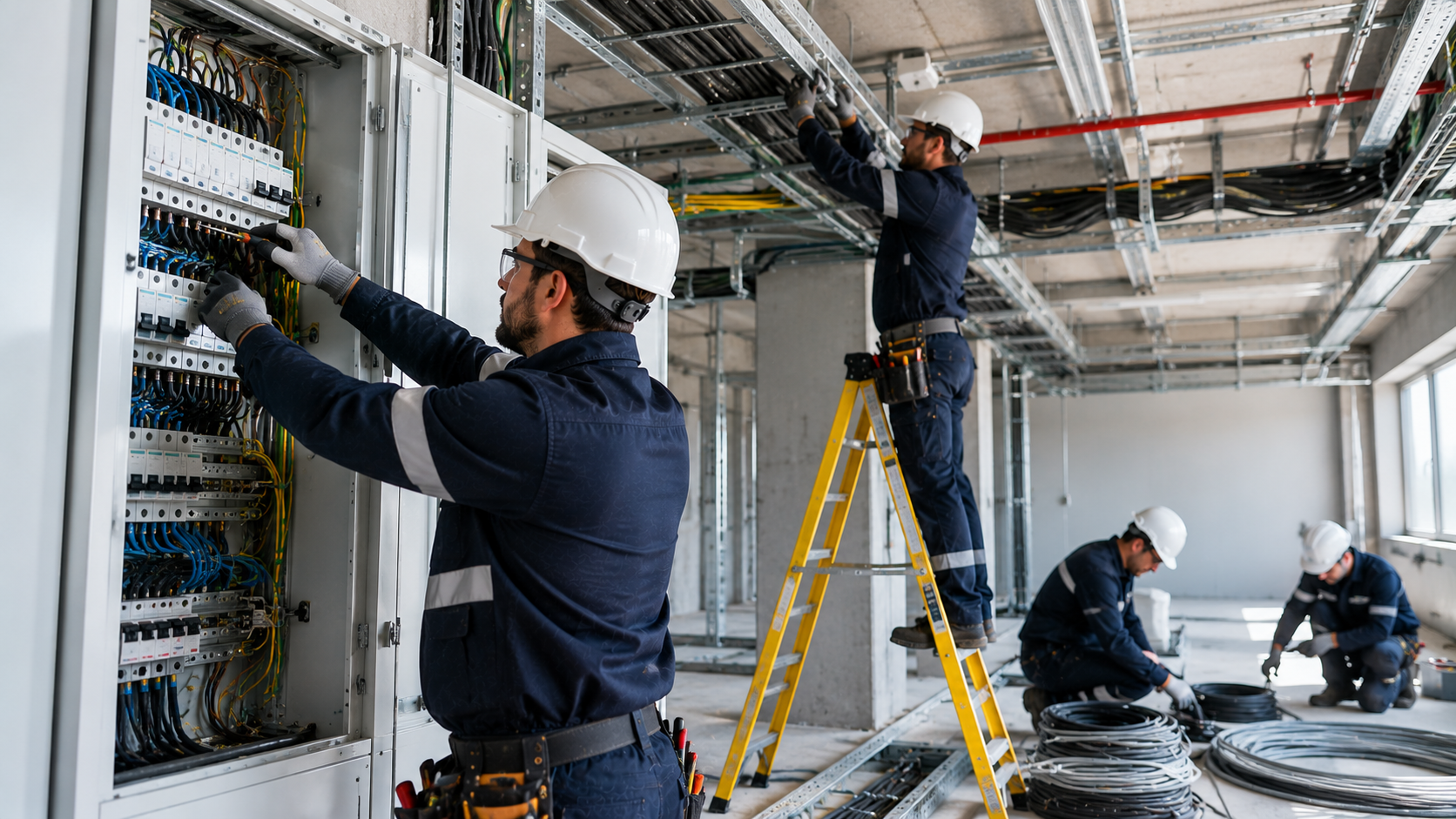 Obreros instalando cableado eléctrico en una obra de construcción, rodeados de escaleras y herramientas.