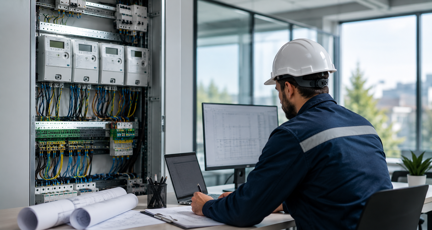 Técnico con casco trabajando en un ordenador portátil junto a un panel eléctrico abierto en una oficina luminosa.
