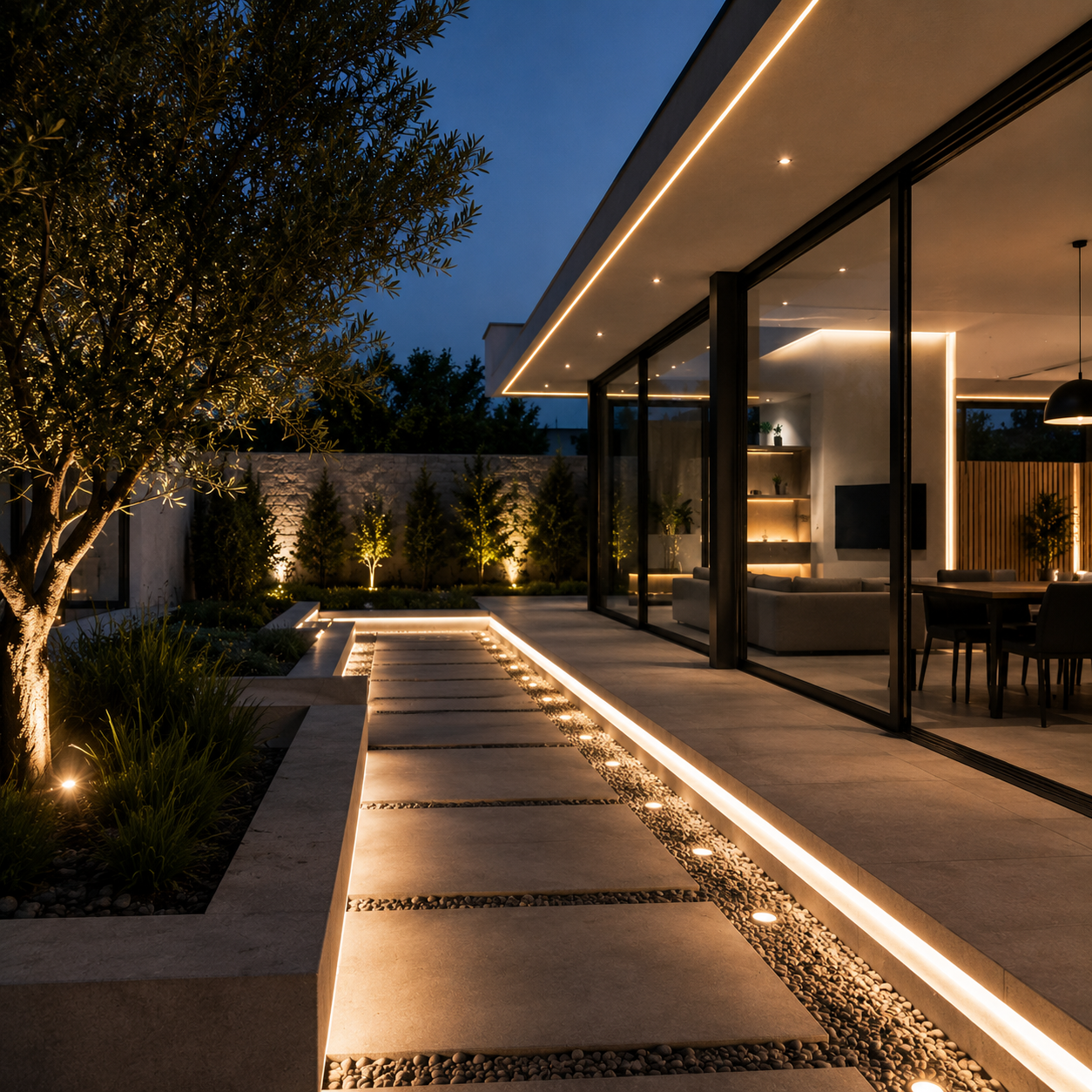 Exterior de una casa moderna al anochecer con sendero iluminado, paredes de cristal y jardín paisajístico.