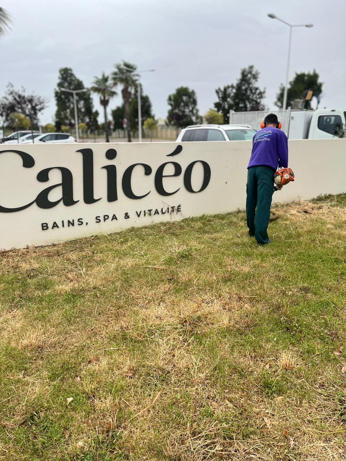 Employé de Paysage Sans Limite tondant devant l'enseigne Calicéo