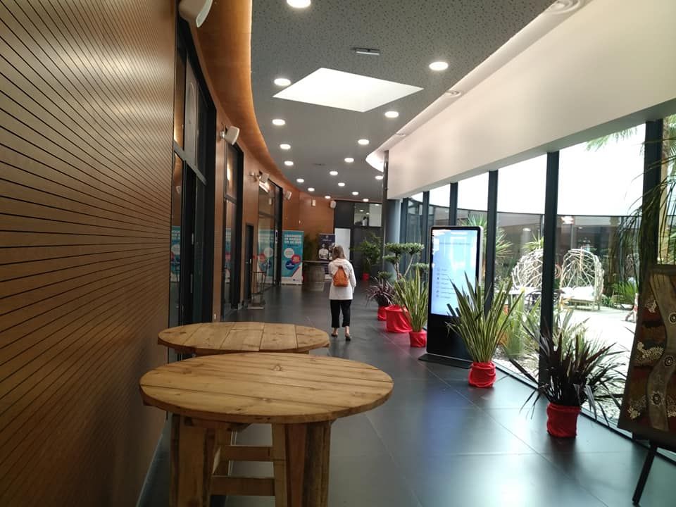 Intérieur d'un établissement avec des plantes et des tables en bois