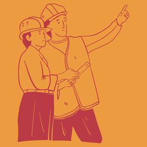Dos trabajadores de la construcción están parados uno al lado del otro y uno está señalando algo.