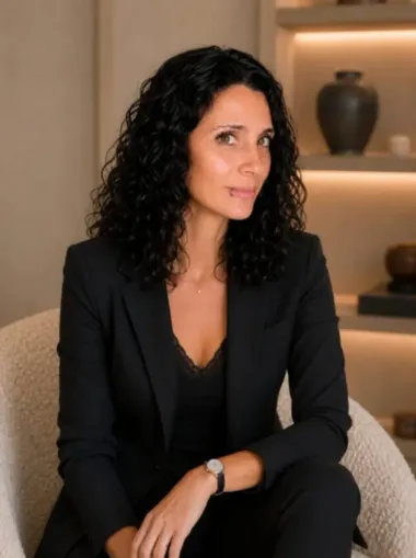 Retrato de una mujer con cabello oscuro y rizado, vestida con un blazer negro, sentada en el interior de un espacio con un fondo beige cálido.