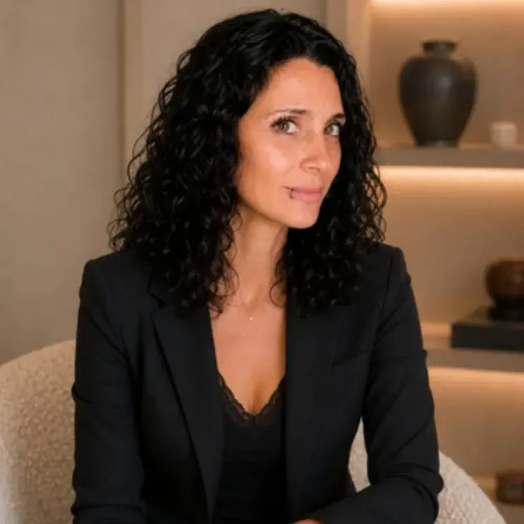 Mujer sentada con un blazer negro en una habitación tenuemente iluminada con estantes decorativos detrás de ella.