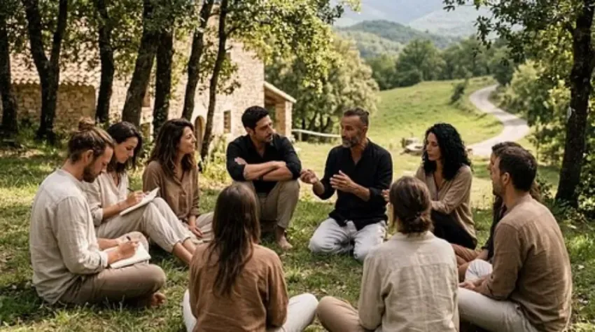 Grupo sentado al aire libre en círculo sobre el césped, escuchando y conversando en un entorno rural soleado.