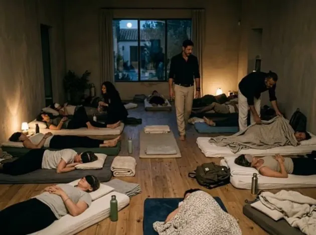 Varias personas descansan sobre colchones en una habitación con poca luz; un hombre está de pie en el centro y otros se encuentran cerca.