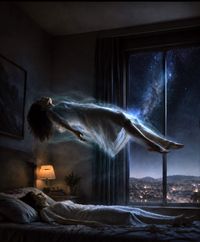 Mujer con vestido blanco saltando sobre una cama en un dormitorio luminoso.