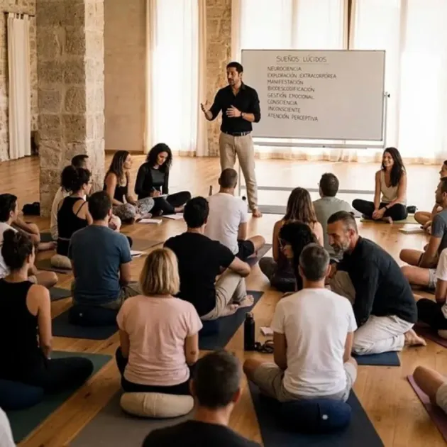 Clase de yoga con instructora dirigiendo un grupo sentado en un estudio luminoso.