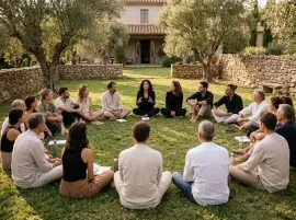 Personas sentadas en círculo sobre el césped de un jardín, realizando una meditación o un debate en grupo al aire libre.