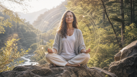 Mujer meditando con las piernas cruzadas en un bosque musgoso bajo la suave luz del sol y rodeada de flores silvestres.