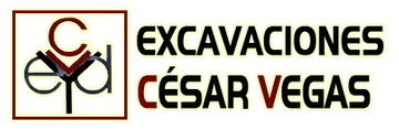 Logotipo de Excavaciones C&eacute;sar Vegas con letras estilizadas rojas y negras sobre un fondo beige.