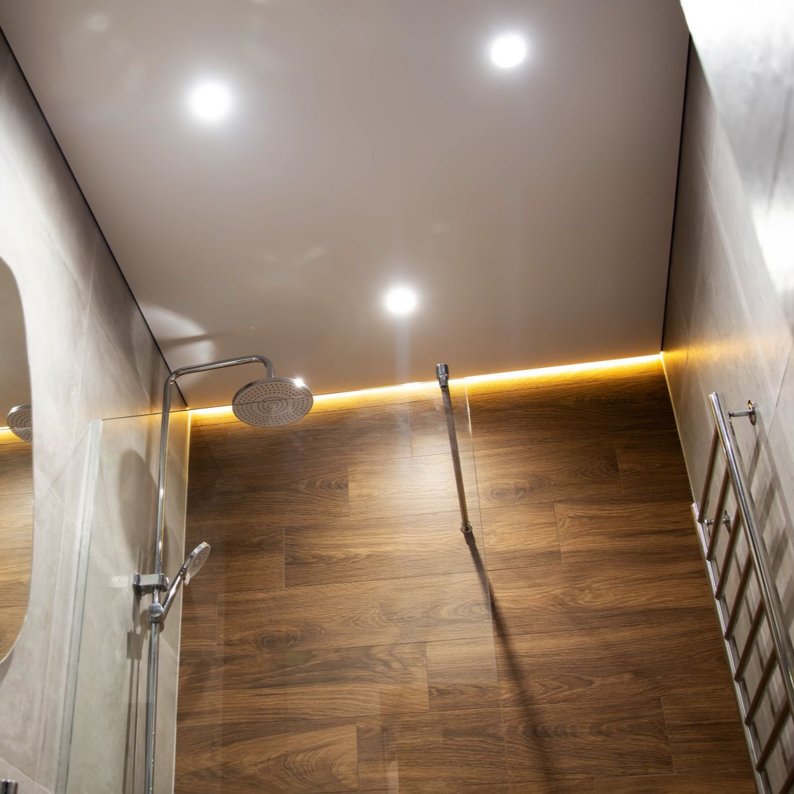 Douche moderne avec carrelage mural imitation bois, pommeau de douche effet pluie, douchette et éclairage encastré au plafond