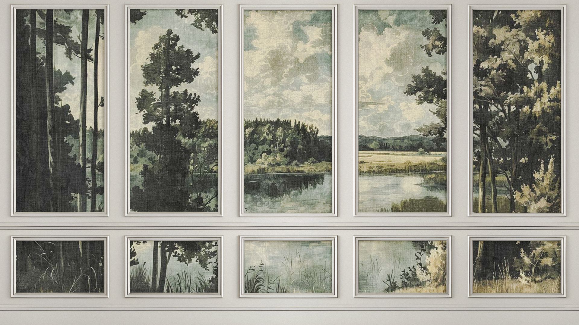 Collage encadré de six peintures de paysages aux tons doux, avec des arbres, de l'eau et un ciel nuageux.