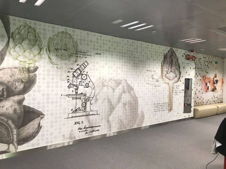 Mural de pared con alcachofa e ilustraciones científicas en un pasillo.