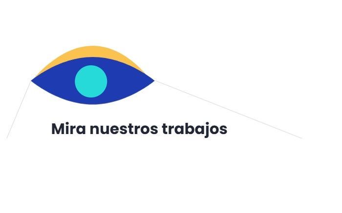 Ilustración de ojo azul con pupila turquesa y texto