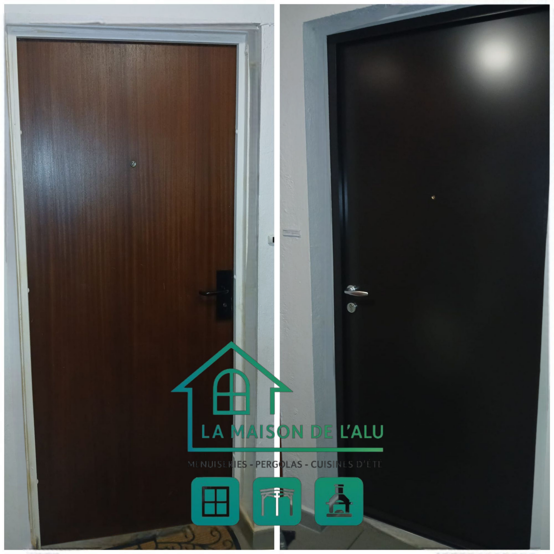 Avant et après la rénovation d'une porte. L'originale était en bois. La nouvelle porte est gris foncé avec une poignée argentée.