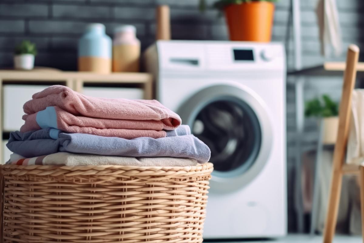 Cesto de ropa con toallas dobladas, lavadora en lavadero.