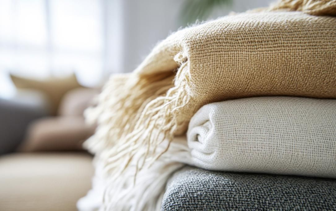 Pila de mantas beige y blancas sobre una superficie gris, con un fondo borroso de un sofá.