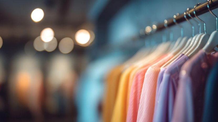 Camisas coloridas colgadas en un perchero en una tienda de ropa, suavemente iluminadas y con fondo borroso.