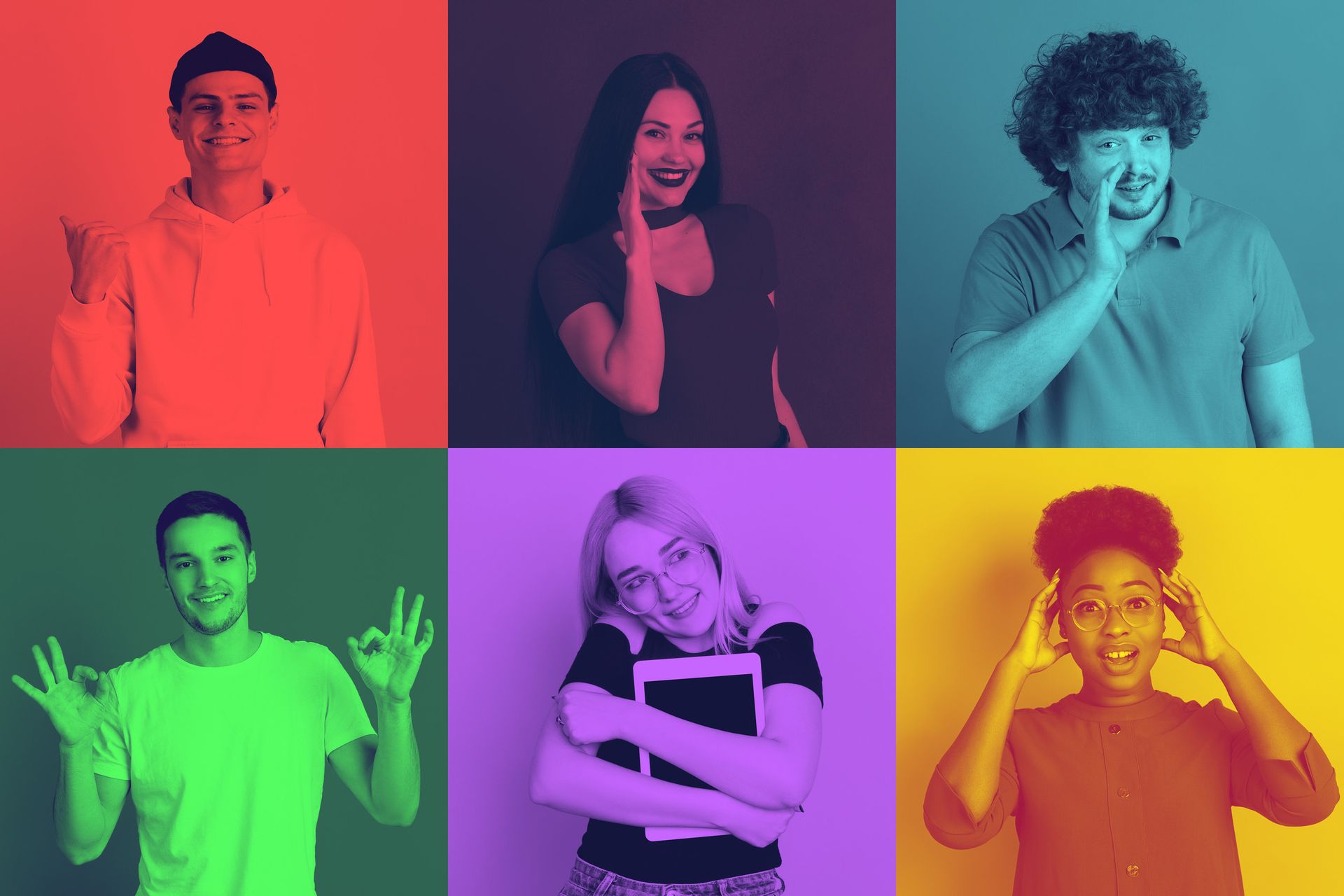 Seis personas, cada una en un cuadrado de color, con diversas expresiones y gestos, incluidos 